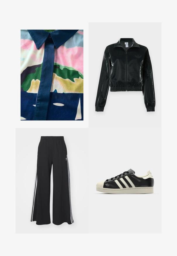 Chaqueta corta negra brillante con cremallera en el frente, cuello alto y dobladillo elástico. Presenta tres rayas en las mangas y un pequeño logo en el pecho.; Camisa de botones con un patrón abstracto colorido. Hecha de una tela suave, con un cuello y una tapeta oscuros y tonos pastel.; Pantalones de chándal negros de pierna ancha con una cinturilla elástica, que presentan franjas blancas a los lados y un logo bordado en el muslo izquierdo.; Zapatilla de cuero negro con rayas blancas, puntera de goma, cordones negros y suela color crema. Textura suave con acabado brillante.