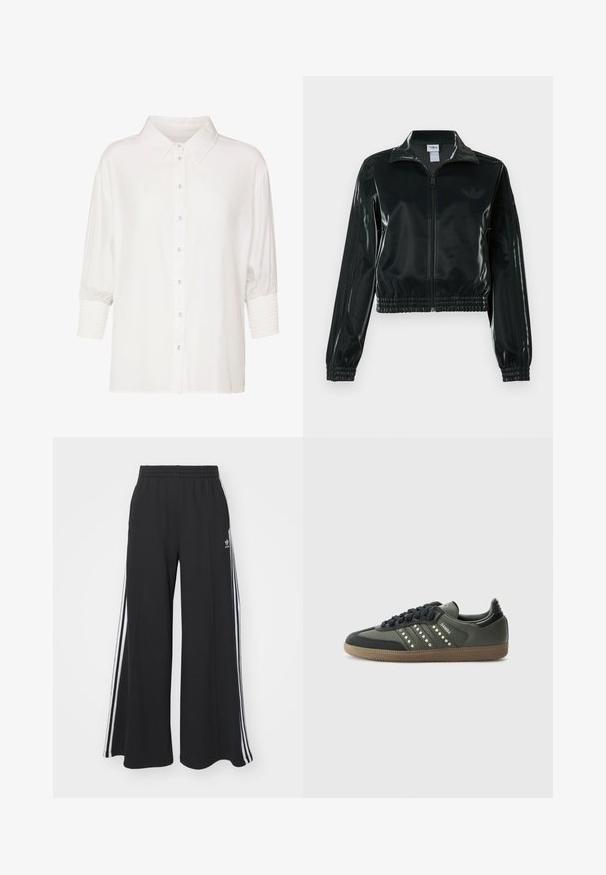 Giacca nera lucida corta con zip frontale, colletto alto e orlo elasticizzato. Presenta tre strisce sulle maniche e un piccolo logo sul petto.; Camicia bianca con colletto classico, maniche corte a sbuffo e polsi arricciati. Realizzata in tessuto leggero con una trama liscia.; Pantaloni in felpa neri a gamba larga con vita elastica, dotati di strisce bianche sui lati e un logo ricamato sulla coscia sinistra.; adidas Originals SAMBA OG - Sneakers basse - core black/legend earth/gum