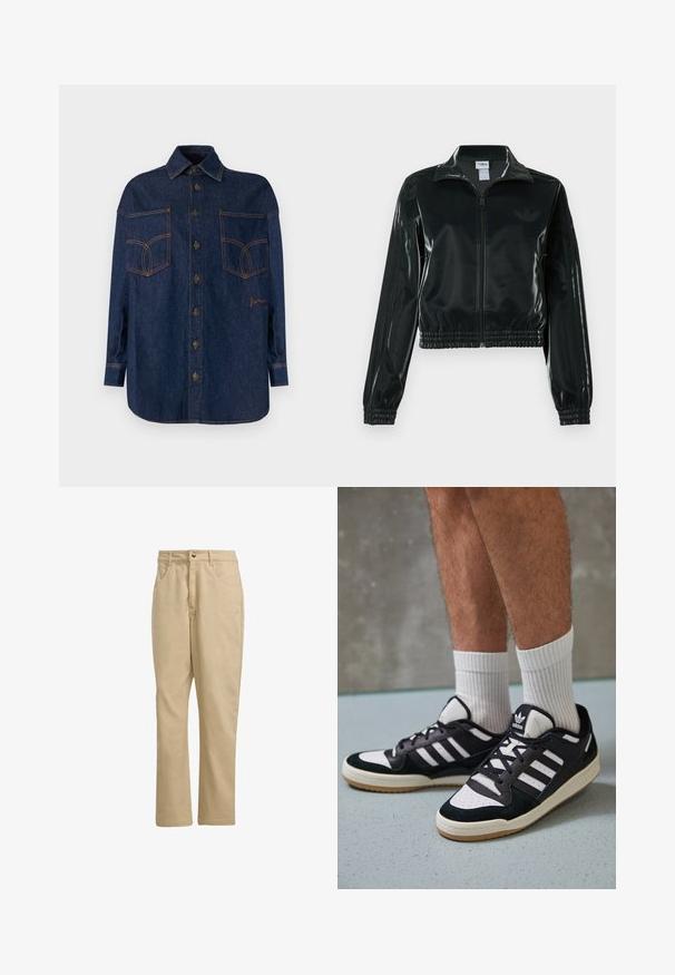 Schwarze glänzende, kurz geschnittene Jacke mit Reißverschluss vorne, hohem Kragen und elastischem Saum. Verfügt über drei Streifen an den Ärmeln und ein kleines Logo auf der Brust.; Dunkelblaues Denimhemd mit durchgehender Knopfleiste, Kentkragen und zwei großen Brusttaschen. Mit kontrastierenden orangen Nähten und Stickereien.; Khakifarbene Baumwollhosen mit geradem Schnitt, ausgestattet mit einem vorderen Knopfverschluss, zwei Seitentaschen und minimaler Markenkennzeichnung auf der Vorderseite.; Schwarz-weiße Sneaker mit einem Obermaterial aus Wildleder und Leder, ausgestattet mit drei weißen Streifen, einer perforierten Zehenpartie und einer Sohle aus Gummi.
