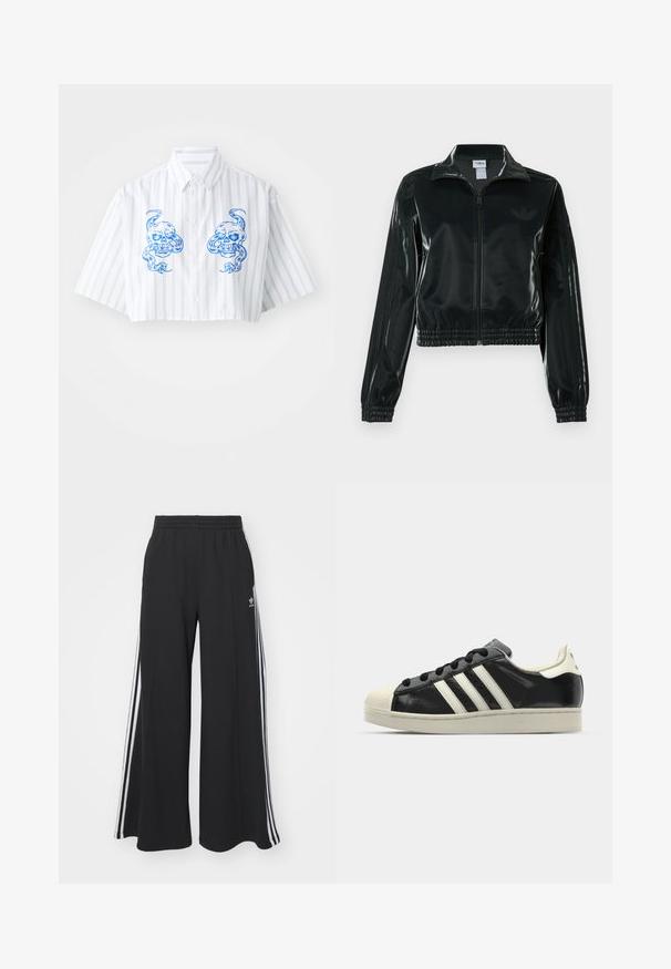 Black glossy cropped jacket with a zip front, high collar, and elasticized hem. Features three stripes on sleeves and a small logo on the chest.; Cropped button-up shirt in white with blue vertical stripes, featuring two skull designs on the front and a classic collar.; Black wide-leg sweatpants with an elastic waistband, featuring white side stripes and an embroidered logo on the left thigh.; Black leather sneaker with white stripes, rubber toe cap, black laces, and a cream-colored outsole. Smooth texture with shiny finish.
