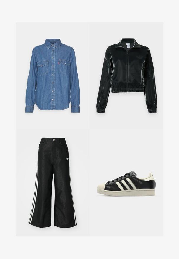 Fekete, fényes rövidített dzseki cipzárral az elején, magas gallérral és elasztikus szegéllyel. Három csík díszíti az ujjakat, és kis logó található a mellrészen.; Kék denim gombos ing hosszú ujjakkal, két mellzsebbe és gallérral. Bal oldali zsebében Levi's logó található.; Fekete, bő szárú farmernadrág, mindkét oldalon három fehér csík díszítéssel és egy kis fehér logóval. Elölzsebekkel és gombos záródással rendelkezik.; Fekete bőrsneaker fehér csíkokkal, gumírozott orral, fekete fűzővel és krém színű talppal. Simaság és fényes felület jellemzi.