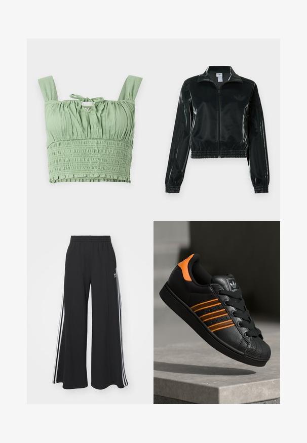 Black glossy cropped jacket with a zip front, high collar, and elasticized hem. Features three stripes on sleeves and a small logo on the chest.; Light green crop top with smocked texture, wide straps, and a tied neckline. Features gathered fabric for a relaxed fit.; Black wide-leg sweatpants with an elastic waistband, featuring white side stripes and an embroidered logo on the left thigh.; Black sneaker with orange accents, three horizontal stripes, textured leather upper, rubber toe cap, and black laces.