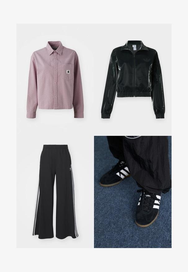 Veste courte noire brillante avec fermeture éclair à l'avant, col montant et ourlet élastiqué. Dotée de trois bandes sur les manches et d'un petit logo sur la poitrine.; Chemise boutonnée rose clair avec un motif texturé, manches longues, une poche poitrine et une petite étiquette logo sur la poche.; Pantalons de survêtement larges noirs avec une taille élastique, présentant des rayures blanches sur les côtés et un logo brodé sur la cuisse gauche.; Des chaussures de sport en suède noir avec trois rayures blanches et des lacets noirs. Un pantalon noir texturé est partiellement visible à côté des chaussures.