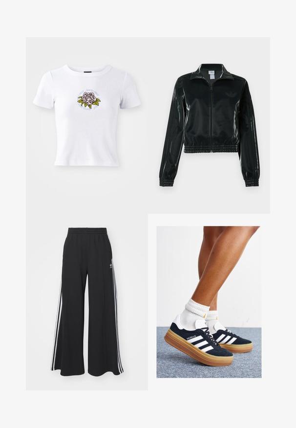 Črno, sijočo kratko jakno z zadrgo spredaj, visokim ovratnikom in elastičnim spodnjim robom. Na rokavih so tri črte, na prsih pa majhen logotip.; Bela majica s kratkimi rokavi in oprijetim krojem, ki ima izvezen grafični motiv vrtnice na sredini in okrog cveta krožno besedilo.; Črne široke trenirke z elastičnim pasom, ki imajo bele stranske proge in vezeno logo na levi stegna.; Črni antilop superge z belimi črtami in poudarki, okrogel prst, gumijasti podplat, kombinirane z belimi rebrastimi nogavicami.