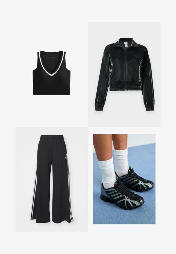 Fekete, fényes rövidített dzseki cipzárral az elején, magas gallérral és elasztikus szegéllyel. Három csík díszíti az ujjakat, és kis logó található a mellrészen.; Fekete crop top mély V-nyakkivágással, fehér díszítéssel a nyak vonalán és a karlyukaknál. Simább, rugalmas anyagból készült.; Fekete, bő szárú melegítőnadrág, rugalmas derékkal, fehér oldalsávokkal és hímzett logóval a bal combon.; Fekete sportcipők szürke részletekkel és hálós betétekkel, texturált talppal és fekete fűzővel, fehér bordázott zoknival párosítva.