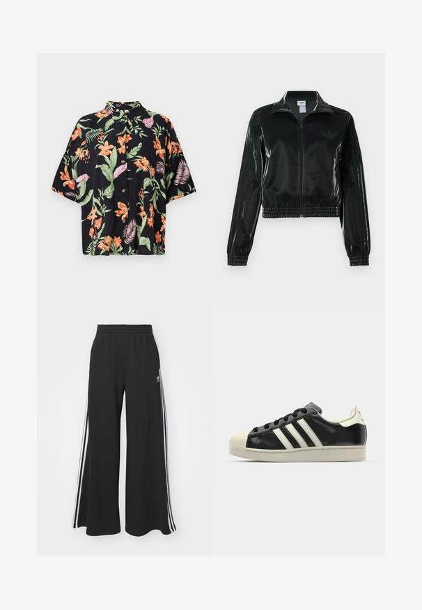 Schwarze glänzende, kurz geschnittene Jacke mit Reißverschluss vorne, hohem Kragen und elastischem Saum. Verfügt über drei Streifen an den Ärmeln und ein kleines Logo auf der Brust.; Kurzärmliges, schwarzes Blumenhemd mit lebendigen orangenen und lila Blumen sowie grünen Blättern. Verfügt über fünf Knöpfe und einen Kragen.; Schwarze weite Sweatpants mit elastischem Bund, versehen mit weißen Seitestreifen und einem gestickten Logo auf dem linken Oberschenkel.; Schwarze Ledersneaker mit weißen Streifen, Gummikappe, schwarzen Schnürsenkeln und einer cremefarbenen Sohle. Glatte Textur mit glänzender Oberfläche.