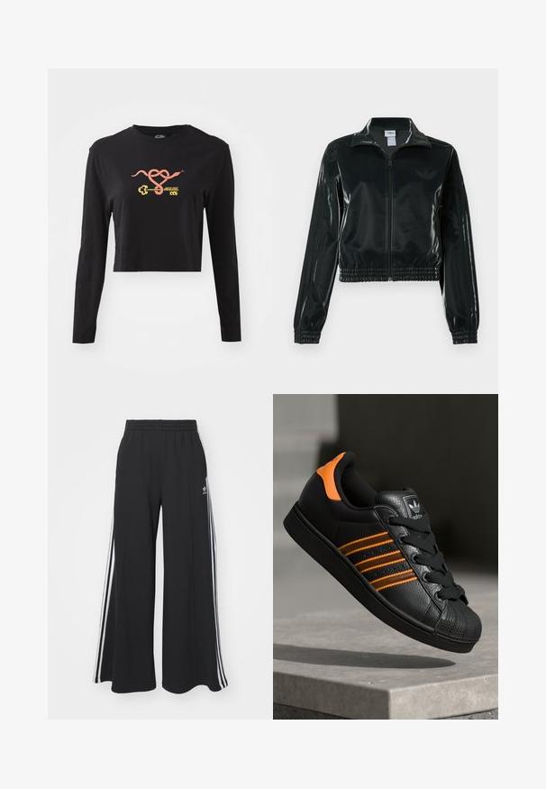Juoda blizgi trumpa striukė su užtrauktuku priekyje, aukštu apykakliu ir elastine apačia. Rankovėse trys dryžiai ir mažas logotipas ant krūtinės.; Juodas ilgas rankovėmis trumpas viršus, pagamintas iš medvilnės. Priekyje yra ryški grafika su gyvate ir raktu. Paprastas apvalus kaklo dizainas.; Juodos plačios kojų džinsinės kelnės su elastingu juosmeniu, turinčios baltas šonines juosteles ir išsiuvinėtą logotipą kairiajame šlaunyje.; Juodas sportinis batelis su oranžiniais akcentais, trimis horizontaliomis juostelėmis, tekstūruota odinė viršutinė dalis, guminiu nosių dangteliu ir juodomis raišteliais.