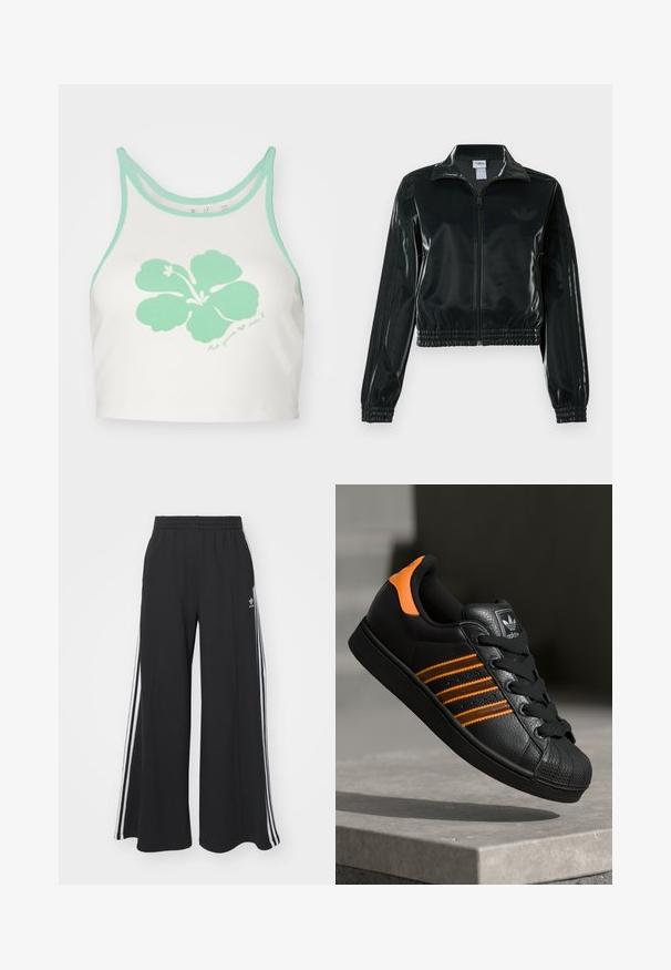 Black glossy cropped jacket with a zip front, high collar, and elasticized hem. Features three stripes on sleeves and a small logo on the chest.; White crop top with mint green trim and a large mint green hibiscus flower graphic on the front, featuring a handwritten text detail below.; Black wide-leg sweatpants with an elastic waistband, featuring white side stripes and an embroidered logo on the left thigh.; Black sneaker with orange accents, three horizontal stripes, textured leather upper, rubber toe cap, and black laces.