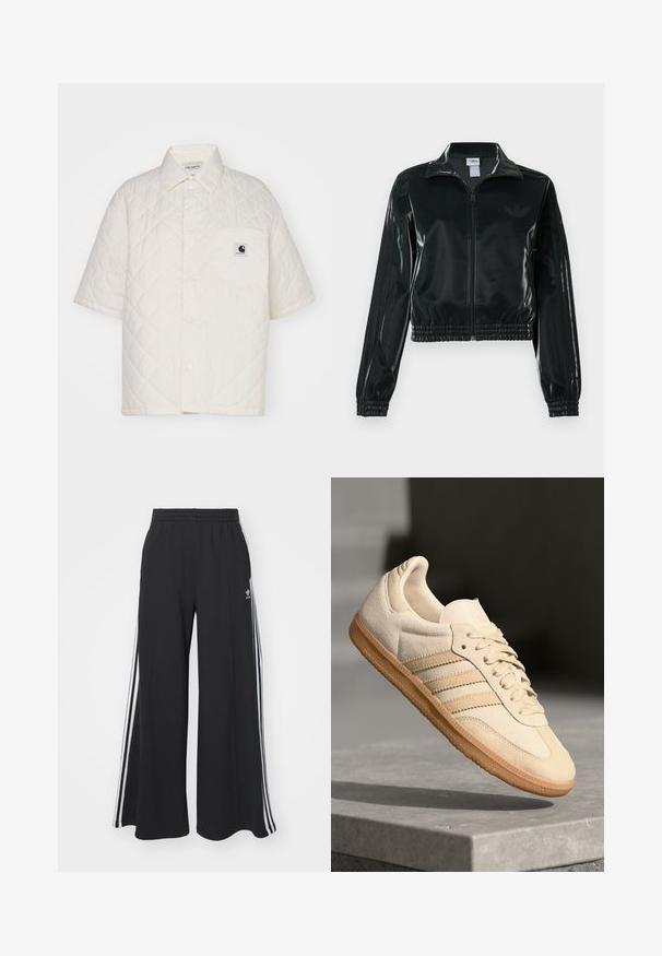 Black glossy cropped jacket with a zip front, high collar, and elasticized hem. Features three stripes on sleeves and a small logo on the chest.; Carhartt WIP LAURENS SHIRT - Button-down blouse - white; Black wide-leg sweatpants with an elastic waistband, featuring white side stripes and an embroidered logo on the left thigh.; Light beige suede sneaker with gum outsole, three diagonal stripes, and a textured toe cap. Features logo on the tongue and side.