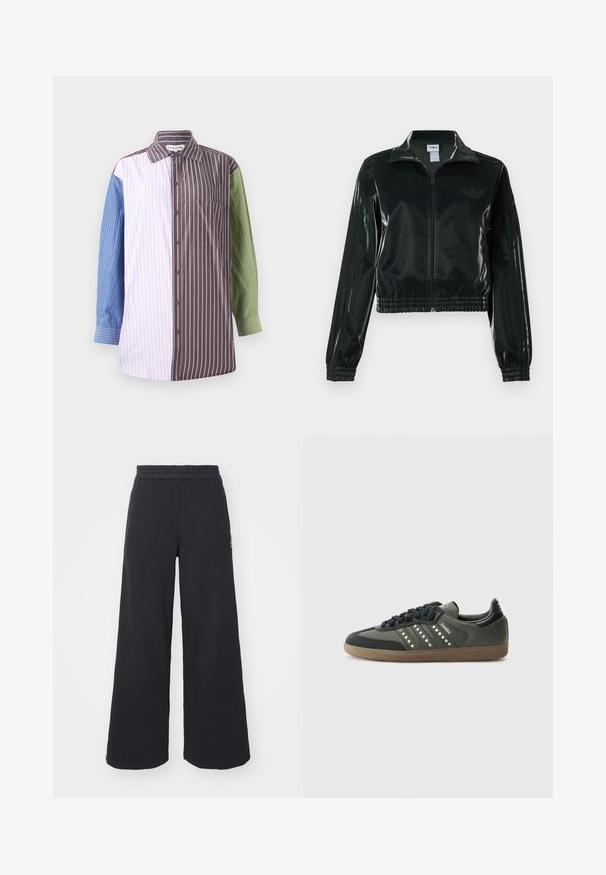 Melna spīdīga īsā jaka ar rāvējslēdzēja priekšpusi, augstu apkakli un elastīgu apakšu. Piedevas ir trīs svītras uz piedurknēm un neliels logotips uz krūtīm.; Svītraina krekla ar pogām, kas satur daļas zilos, rozā, brūnos un zaļos toņos. Iespējamā krūšu kabata un apkakle.; Melni platās svārku bikses, izgatavotas no mīksta auduma, ar elastīgu jostas daļu un mazu logotipu kreisajā pusē.; adidas Originals SAMBA OG - Sporta apavi - core black/legend earth/gum