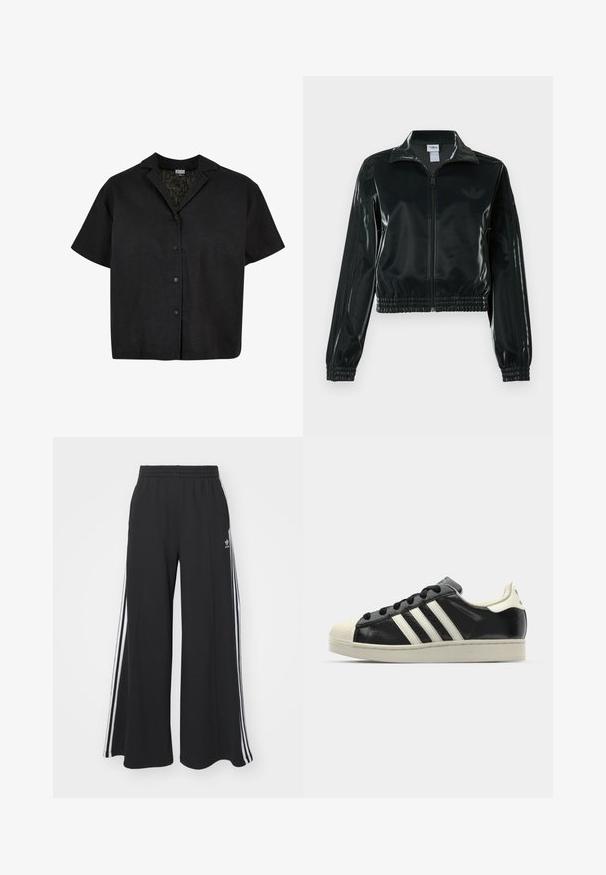 Black glossy cropped jacket with a zip front, high collar, and elasticized hem. Features three stripes on sleeves and a small logo on the chest.; Urban Classics RESORT - Button-down blouse - black; Black wide-leg sweatpants with an elastic waistband, featuring white side stripes and an embroidered logo on the left thigh.; Black leather sneaker with white stripes, rubber toe cap, black laces, and a cream-colored outsole. Smooth texture with shiny finish.