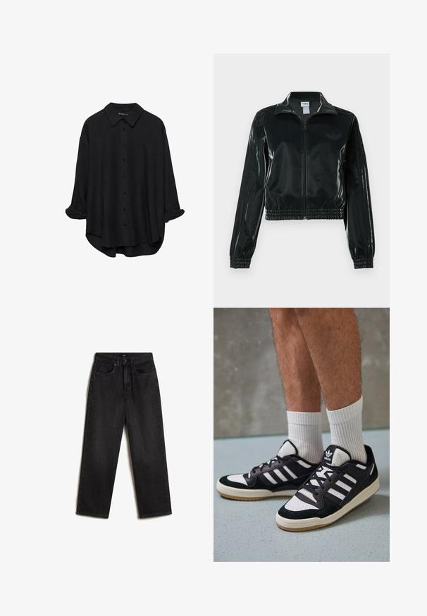 Sort, glinsende cropped jakke med lynlås foran, høj krave og elastisk kant. Har tre striber på ærmerne og et lille logo på brystet.; Sort langærmet skjorte med knaplukning og spids krave, afslappet pasform, opkrøllede ærmer og let afrundet kant, lavet af et glat materiale.; Vans SIRELLE POCKET PUDDLE - Jeans Relaxed Fit - black; Sorte og hvide sneakers med en overdel i ruskind og læder, der har tre hvide striber, en perforeret tå og en sål i gummigummi.