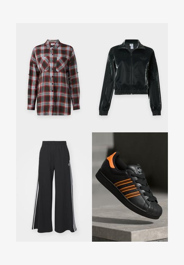 Juoda blizgi trumpa striukė su užtrauktuku priekyje, aukštu apykakliu ir elastine apačia. Rankovėse trys dryžiai ir mažas logotipas ant krūtinės.; Ilgas rankovėmis languotas marškinis, kurio spalvų derinys yra tamsiai žalia, raudona, mėlyna ir balta, turintis dvi krūtinės kišenes ir mygtukų uždarymą priekyje.; Juodos plačios kojų džinsinės kelnės su elastingu juosmeniu, turinčios baltas šonines juosteles ir išsiuvinėtą logotipą kairiajame šlaunyje.; Juodas sportinis batelis su oranžiniais akcentais, trimis horizontaliomis juostelėmis, tekstūruota odinė viršutinė dalis, guminiu nosių dangteliu ir juodomis raišteliais.