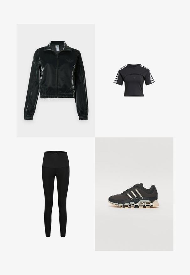 Schwarze glänzende, kurz geschnittene Jacke mit Reißverschluss vorne, hohem Kragen und elastischem Saum. Verfügt über drei Streifen an den Ärmeln und ein kleines Logo auf der Brust.; Schwarzes, kurzes T-Shirt mit rundem Halsausschnitt, kurzen Ärmeln, Ausschnittdetails und weißen drei Streifen Akzenten auf den Schultern. Weicher Stoff.; Schwarze Leggings aus elastischem Material, mit hohem Taillenbund und schlankem Design. Keine Muster oder sichtbaren Hardware-Elemente.; Schwarzer Sportschuh mit einer strukturierten Oberseite, drei silbernen Streifen und einer markanten Dämpfungssohle mit mehreren integrierten Sektionen.