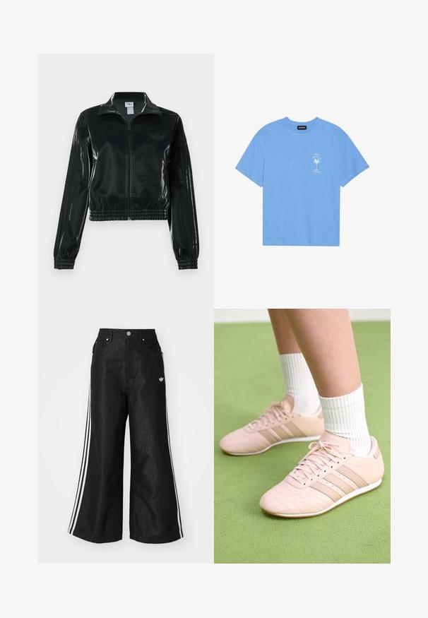 Must läikiv lühike jakk lukuga esiküljel, kõrge krae ja elastse äärega. Varrukatel on kolm triipu ja rinnal väike logo.; Heledad sinine puuvillane T-särk ümmarguse kaelusega. Vasakul rinnal on valge palmipuu ja tekst. Lühikesed varrukad.; Mustad mustadeline denimipüksid, millel on kummalgi küljel kolm valget triipu ja väike valge logo. Omab esikotte ja nööbiga kinnihoidmist.; Heled roosa sportjalatsid diagonaalse õmblusega, valged tallad ja kolm külgtriipu. Kandmiseks ribadega valgete sokkidega rohelisel pinnal.