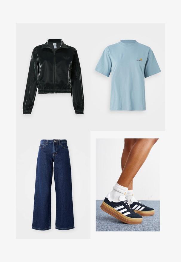 Sort blank cropped jakke med glidelås foran, høy krage og elastisk nederkant. Har tre striper på ermene og en liten logo på brystet.; Lyseblå kortermet bomull T-skjorte med rund hals og liten Carhartt-logo i gul og rød på venstre bryst.; Mørkeblå bredbeinede jeans laget av denim, med knapplås og glidelås, beltesløyfer og klassisk fem-lomme design.; Svarte sneakers i semsket skinn med hvite striper og detaljer, rund tå, yttersåle i gummigummi, kombinert med hvite ribbestrikkede crew-sokker.