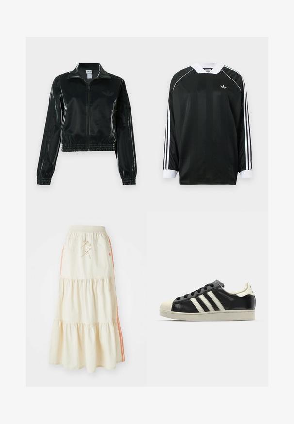 Melna spīdīga īsā jaka ar rāvējslēdzēja priekšpusi, augstu apkakli un elastīgu apakšu. Piedevas ir trīs svītras uz piedurknēm un neliels logotips uz krūtīm.; Melna garām piedurknēm krekls ar V veida kaklu, ar vertikālām svītrām, baltām akcentēm un trīs baltām svītrām uz katras piedurknes. Mazs logo krūtīs.; Kremkrāsas, slāņota midi svārku ar elastīgu jostasvietu un auklu. Iemēģina oranžas sānu svītras un mīkstu, gludu kokvilnas tekstūru.; Melna ādas sporta apava ar baltām svītrām, gumijas purngala aizsardzību, melnām auklām un krēma krāsas zoli. Gluda tekstūra ar spīdīgu apdari.