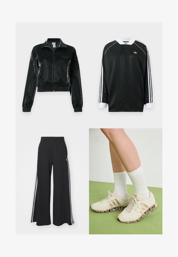 Black glossy cropped jacket with a zip front, high collar, and elasticized hem. Features three stripes on sleeves and a small logo on the chest.; Black long-sleeve shirt with a V-neck, featuring vertical stripes, white accents, and three white stripes on each sleeve. Small logo on chest.; Black wide-leg sweatpants with an elastic waistband, featuring white side stripes and an embroidered logo on the left thigh.; Beige athletic shoes with gold accents, mesh upper, and unique sole design. Paired with white ribbed socks, set on a green floor.