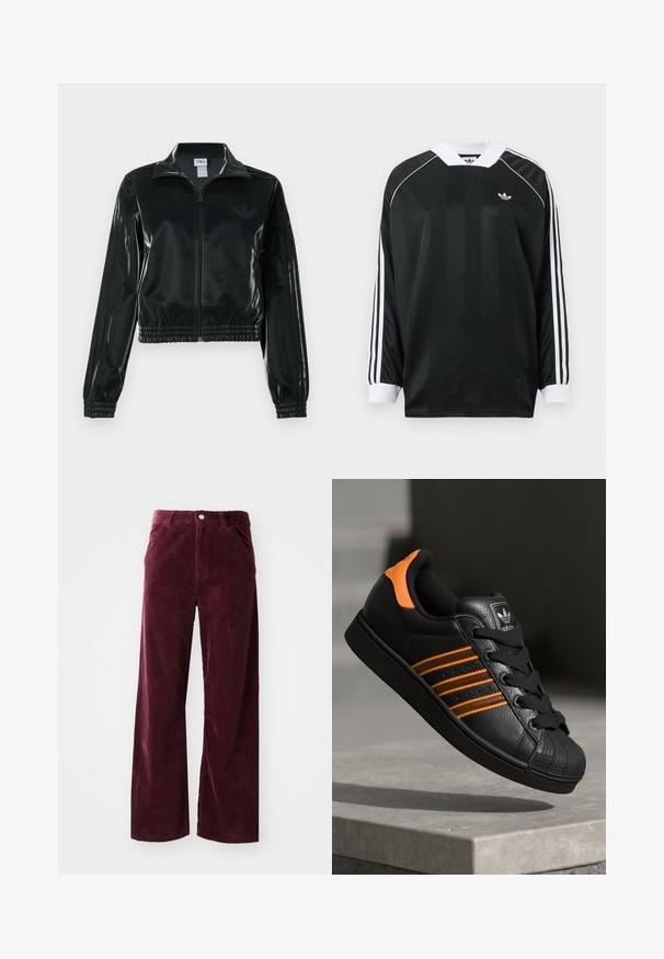 Black glossy cropped jacket with a zip front, high collar, and elasticized hem. Features three stripes on sleeves and a small logo on the chest.; Black long-sleeve shirt with a V-neck, featuring vertical stripes, white accents, and three white stripes on each sleeve. Small logo on chest.; Burgundy corduroy pants with a wide-leg design, featuring front pockets, a button closure, and ribbed texture throughout.; Black sneaker with orange accents, three horizontal stripes, textured leather upper, rubber toe cap, and black laces.