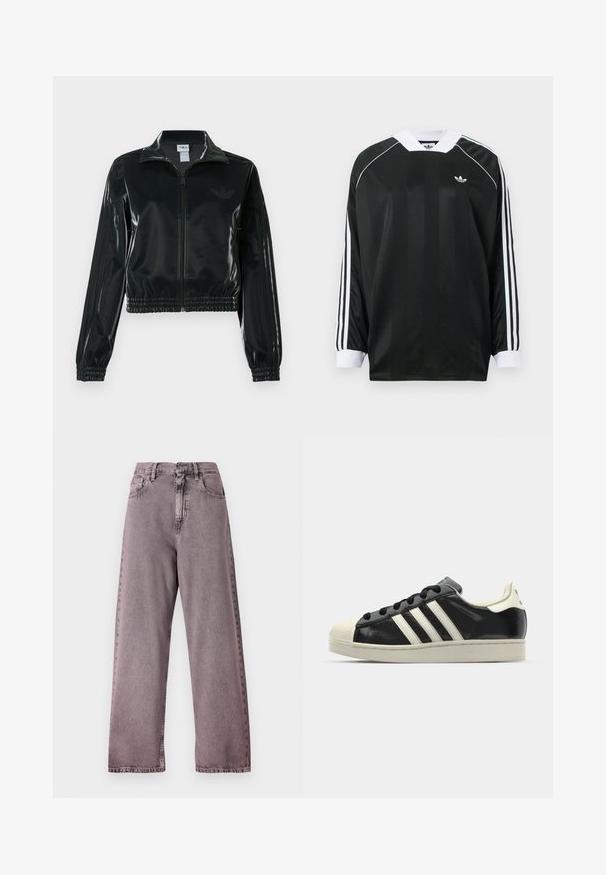 Black glossy cropped jacket with a zip front, high collar, and elasticized hem. Features three stripes on sleeves and a small logo on the chest.; Black long-sleeve shirt with a V-neck, featuring vertical stripes, white accents, and three white stripes on each sleeve. Small logo on chest.; High-waisted, wide-leg jeans in light purple denim, featuring a button closure, five pockets, and subtle fading at the seams.; Black leather sneaker with white stripes, rubber toe cap, black laces, and a cream-colored outsole. Smooth texture with shiny finish.
