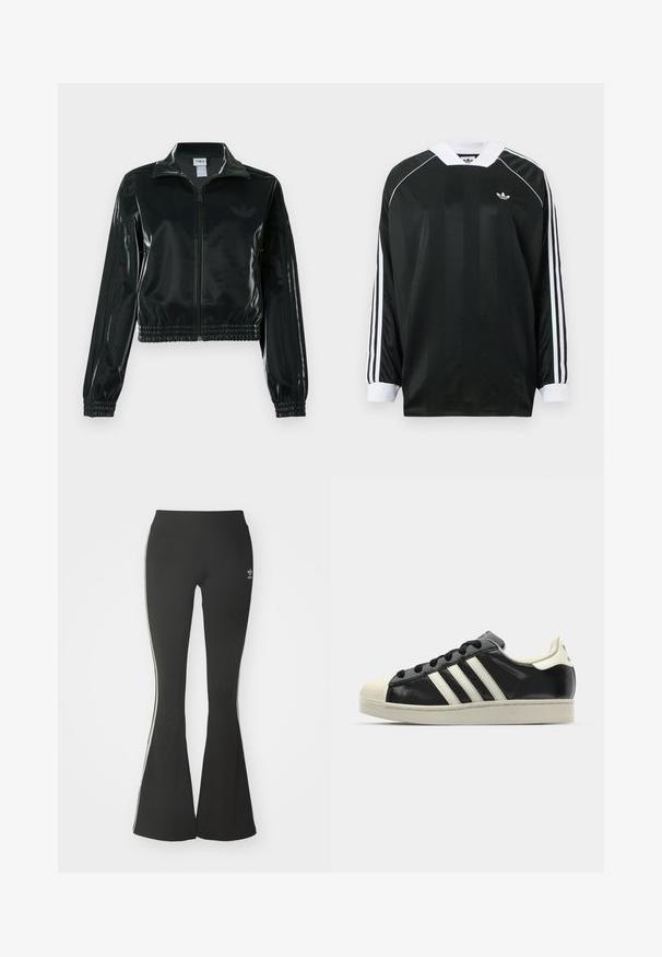 Jachetă neagră lucioasă, scurtă, cu fermoar frontal, guler înalt și tiv elastic. Are trei dungi pe mâneci și un mic logo pe piept.; Cămașă neagră cu mâneci lungi și decolteu în V, cu dungi verticale, accente albe și trei dungi albe pe fiecare mânecă. Logo mic pe piept.; Colanți negri cu evazare, din material elastic, cu talie înaltă și dungi albe pe laterale. Include un mic logo la talie.; Sneaker din piele neagră cu dungi albe, vârf din cauciuc, șireturi negre și talpă de culoare crem. Textură netedă cu finisaj strălucitor.