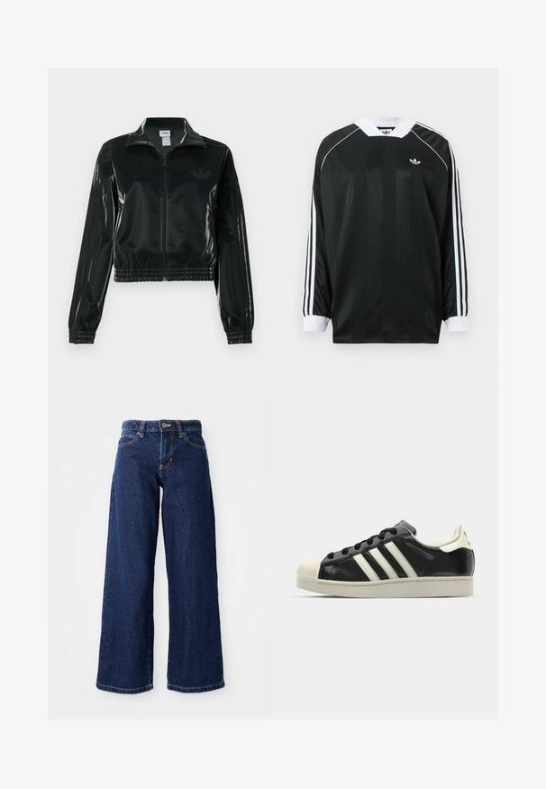 Melna spīdīga īsā jaka ar rāvējslēdzēja priekšpusi, augstu apkakli un elastīgu apakšu. Piedevas ir trīs svītras uz piedurknēm un neliels logotips uz krūtīm.; Melna garām piedurknēm krekls ar V veida kaklu, ar vertikālām svītrām, baltām akcentēm un trīs baltām svītrām uz katras piedurknes. Mazs logo krūtīs.; Tumši zili plaša kāju džinsi, izgatavoti no denima, ar pogu un rāvējslēdzi, jostas cilpu un klasisko piecu kabatu dizainu.; Melna ādas sporta apava ar baltām svītrām, gumijas purngala aizsardzību, melnām auklām un krēma krāsas zoli. Gluda tekstūra ar spīdīgu apdari.