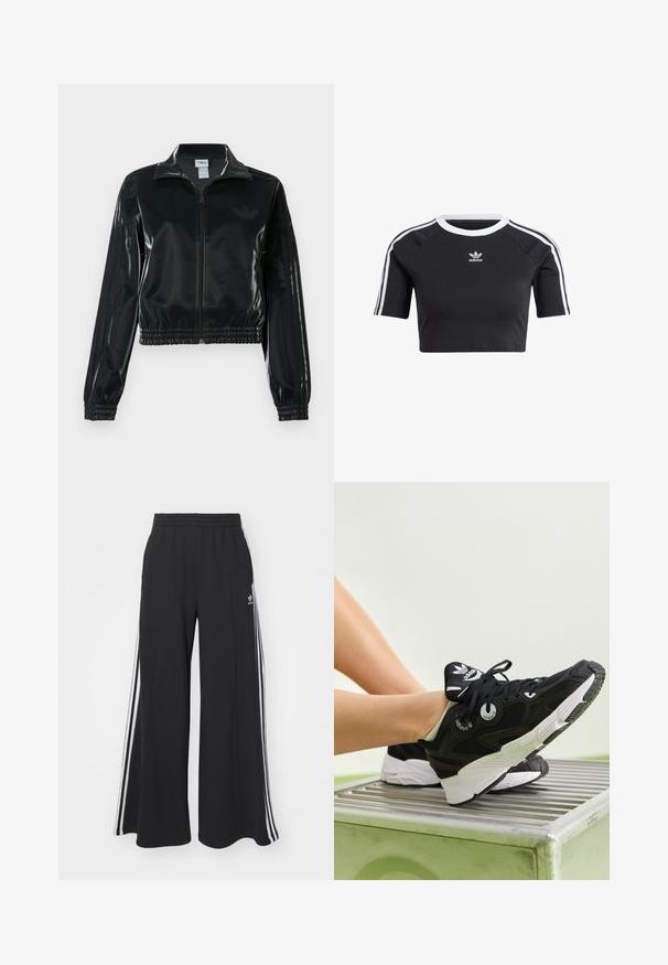 Black glossy cropped jacket with a zip front, high collar, and elasticized hem. Features three stripes on sleeves and a small logo on the chest.; Black cropped t-shirt made of cotton, featuring a ribbed white crew neck, short raglan sleeves, and white side stripes with a small logo.; Black wide-leg sweatpants with an elastic waistband, featuring white side stripes and an embroidered logo on the left thigh.; Black athletic sneakers with a mesh and synthetic upper, white midsole, and round eyelets. Features branded tongue logo and thick rubber sole.