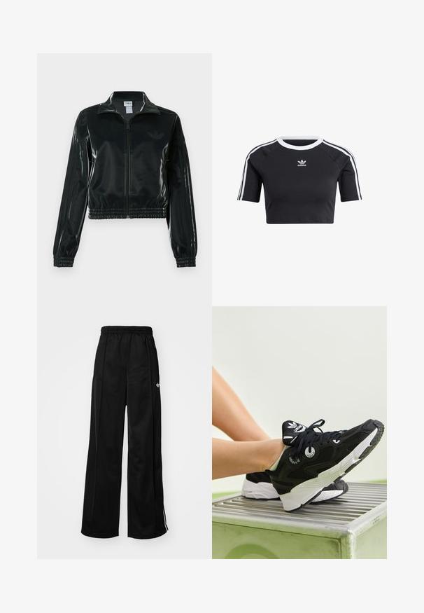 Crna sjajna kratka jakna s patentnim zatvaračem sprijeda, visokim ovratnikom i porubom s elastikom. Na rukavima ima tri pruge i mali logo na prsima.; Crna skraćena majica od pamuka s rebrastim bijelim okruglim izrezom, kratkim raglan rukavima i bijelim bočnim trakama s malim logom.; Crne široke trenirke s elastičnom gumom u struku, s bijelim bočnim trakama i malim logotipom na lijevom kuku. Glatka tekstura materijala.; Crne atletske tenisice s mrežastim i sintetičkim gornjim dijelom, bijelom srednjom potplatom i okruglim rupama za vezivanje. Imaju brendiranu oznaku na jeziku i debeo gumeni potplat.