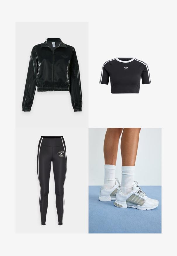 Black glossy cropped jacket with a zip front, high collar, and elasticized hem. Features three stripes on sleeves and a small logo on the chest.; Black cropped t-shirt made of cotton, featuring a ribbed white crew neck, short raglan sleeves, and white side stripes with a small logo.; Black leggings with a high waistband, featuring white side stripes and an "Adidas Training Club" logo on the front. Smooth, stretchy fabric.; White athletic shoes with a mesh upper, textured details, and gray accents. Laces are silver, paired with white ribbed socks.