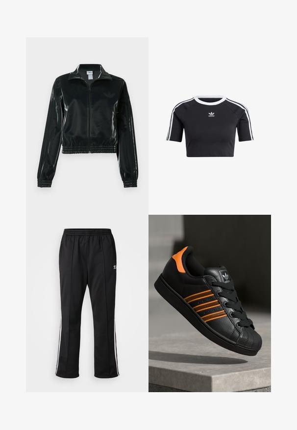 Čierna lesklá skrátená bunda so zipsom vpredu, vysokým golierom a elastickým lemom. Rukávy zdobia tri pruhy a na hrudi je malý logo.; Čierne skrátené tričko z bavlny, s bielym rebrovaným okrajom krku, krátkymi raglánovými rukávmi a bielymi bočnými pruhmi so malým logom.; Čierne športové nohavice s elastickým pásom, so bielymi bočnými pruhmi a malým logom na ľavom stehne. Hladká polyesterová tkanina.; Čierne tenisky s oranžovými akcentami, tromi horizontálnymi pruhmi, textúrovaným koženým zvrškom, gumovým ochranným vankúšikom na prstoch a čiernymi šnúrkami.