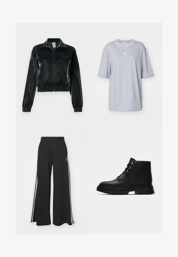 Jachetă neagră lucioasă, scurtă, cu fermoar frontal, guler înalt și tiv elastic. Are trei dungi pe mâneci și un mic logo pe piept.; Tricou din bumbac gri cu mâneci scurte, croială oversized, guler rotund ribarat și logo-ul alb Adidas imprimat pe piept.; Pantaloni de trening negri cu croială largă, prevăzuți cu un brâu elastic, având dungi laterale albe și un logo brodat pe coapsa stângă.; Botine negre din piele, cu vârf rotund, cu eyelets aurii și talpă texturată. Prezintă un guler captusit și un logo distinctiv pe lateral.