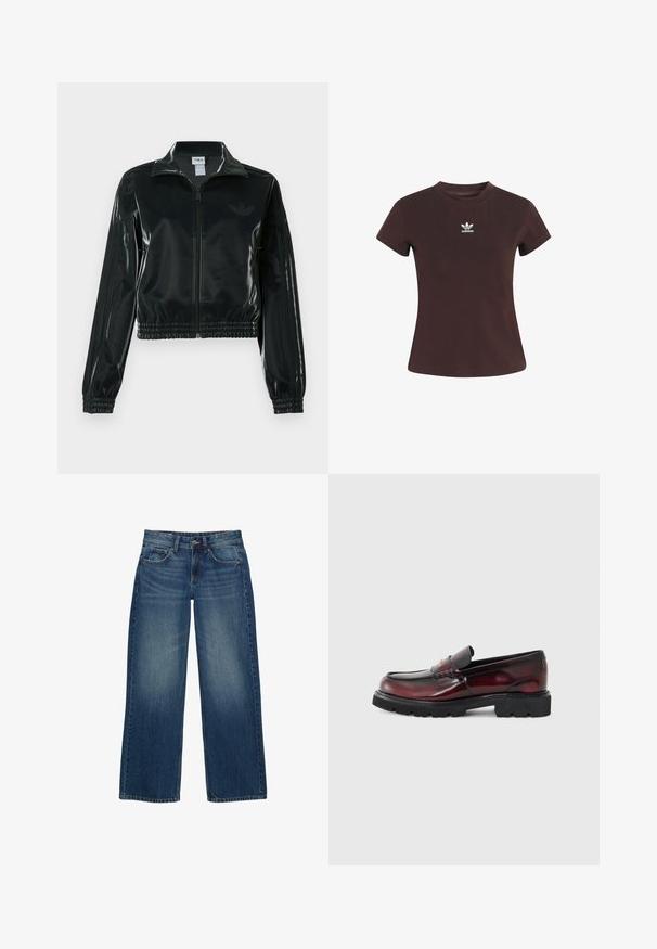 Crna sjajna kratka jakna s patentnim zatvaračem sprijeda, visokim ovratnikom i porubom s elastikom. Na rukavima ima tri pruge i mali logo na prsima.; Smeđa majica s kratkim rukavima od pamuka. Ima bijeli Adidas logo na prsima. Jednostavna okrugla izreza i prilagođeni kroj.; Široke plave traperice s izblijedjelim pranjem, dizajnom od pet džepova i kontrastnim šavovima. Zatvorene s kopčanjem i patentnim zatvaračem.; Kožne loaferice u tamno burgundiji s crnom gumiranom potplatom. Sadrže detalje od šivanja i dizajn koji se lako obuva s prednjim akcentom.