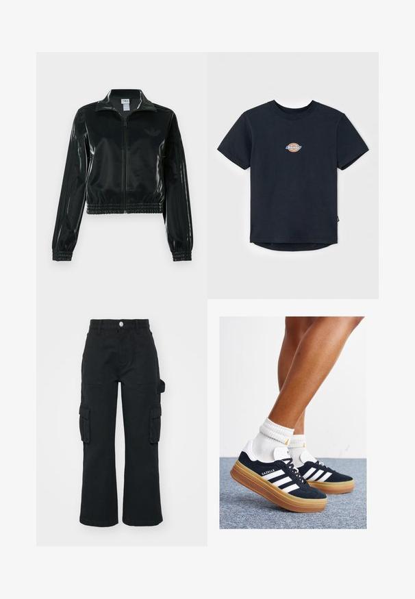 Musta kiiltävä lyhyt takki vetoketjulla, korkealla kauluksella ja joustavalla helmalla. Hihoissa on kolme raitaa ja rinnassa pieni logo.; Mustan puuvillan t-paita lyhyillä hihoilla, pyöreä kaula-aukko ja pieni monivärinen logo rinnassa. Suora helma, joka on hieman pidempi takaa.; Mustat cargo-housut, valmistettu puuvillasta, leveillä lahkeilla, kahdella etutaskulla ja sivupatch-taskuilla. Kestävä kangas, jossa on sileä rakenne.; Musta mokkanahkainen tennari, jossa valkoiset raidat ja yksityiskohdat, pyöreä kärki, purukumipohja, yhdistetty valkoisiin ribbineuleisiin nilkkasukkiin.