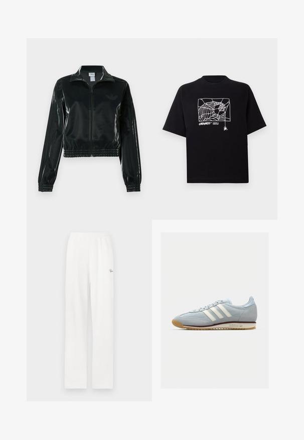 Black glossy cropped jacket with a zip front, high collar, and elasticized hem. Features three stripes on sleeves and a small logo on the chest.; Black T-shirt made of cotton with short sleeves. Features a white spider web graphic and logo on the front. Simple rounded neckline.; White, ribbed lounge pants with an elastic waistband and a small decorative logo on the left side. Straight-leg design and soft texture.; Light blue suede sneaker with white three stripes, rubber sole, and textured mesh. Features a smooth toe cap and branding on the heel.