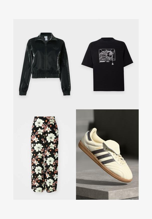 Schwarze glänzende, kurz geschnittene Jacke mit Reißverschluss vorne, hohem Kragen und elastischem Saum. Verfügt über drei Streifen an den Ärmeln und ein kleines Logo auf der Brust.; Schwarzes T-Shirt aus Baumwolle mit kurzen Ärmeln. Mit einem weißen Spinnennetz-Graphic und Logo auf der Vorderseite. Einfacher runder Ausschnitt.; Schwarze Blumenhose mit großen weißen, orangefarbenen und braunen Blumen, im lockeren, weit geschnittenen Design und aus weichem, leichtem Stoff.; Cremfarbene Ledersneaker mit drei dunklen Streifen, einer braunen Gummisohle und einer abgerundeten Zehenpartie. Hat eine faltbare Zunge, die mit "SAMBA" beschriftet ist.