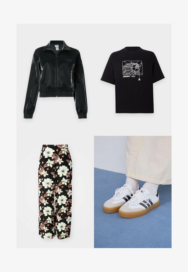 Black glossy cropped jacket with a zip front, high collar, and elasticized hem. Features three stripes on sleeves and a small logo on the chest.; Black T-shirt made of cotton with short sleeves. Features a white spider web graphic and logo on the front. Simple rounded neckline.; Black floral pants featuring large white, orange, and brown flowers, with a loose, wide-leg design and soft, lightweight fabric.; White sneakers with black stripes and beige suede accents. Feature a textured gum sole and flat white laces, worn with light-colored socks.