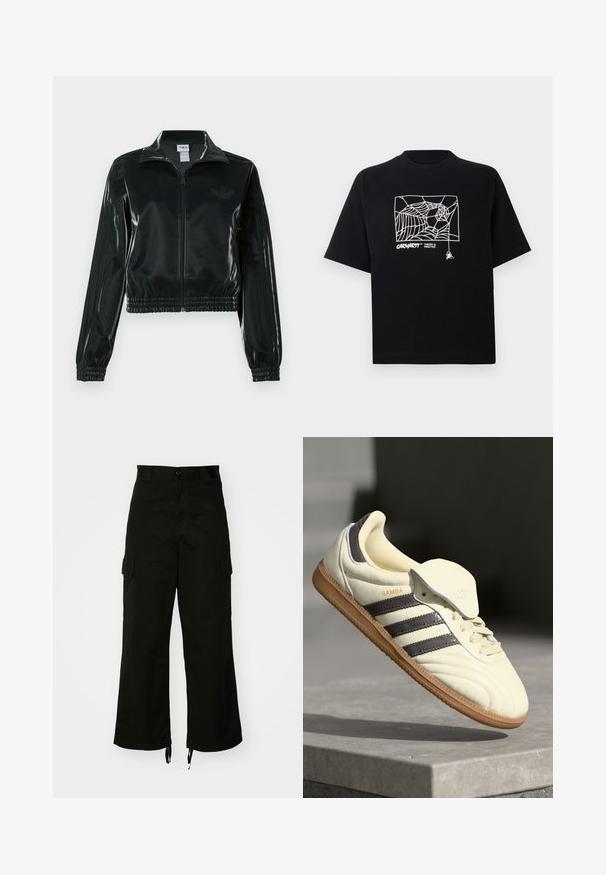 Svart glansig kort jacka med dragkedja framtill, hög krage och elastisk nederkant. Har tre ränder på ärmarna och en liten logga på bröstet.; Svart t-shirt i bomull med korta ärmar. Har en vit spindelnätgrafik och logotyp på framsidan. Enkel rundad halsringning.; Svart cargobyxa i bomull med vida ben, sidofickor och dragsko vid fållen. Designen inkluderar en knappstängning i midjan.; Krämfärgad lädersneaker med tre mörka ränder, en brun gummisula och rundad tå. Har en vikbar tunga märkt "SAMBA."