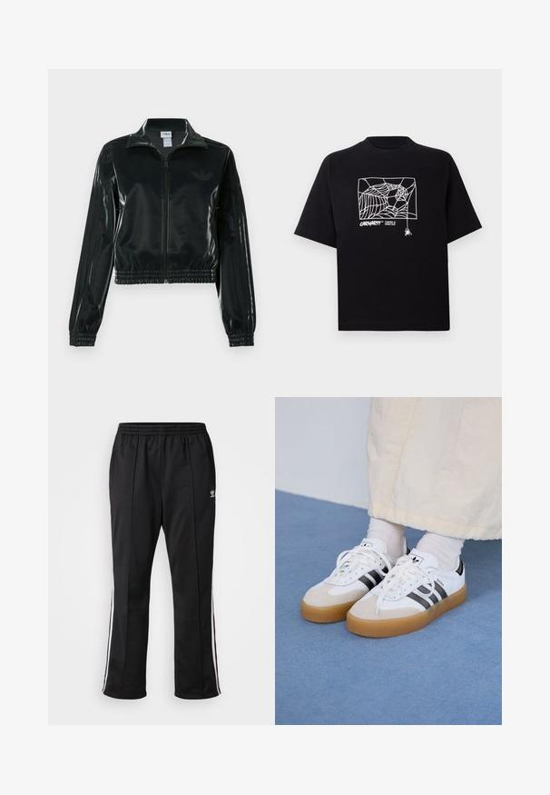 Juoda blizgi trumpa striukė su užtrauktuku priekyje, aukštu apykakliu ir elastine apačia. Rankovėse trys dryžiai ir mažas logotipas ant krūtinės.; Juodas medvilnės marškinėliai su trumpomis rankovėmis. Priekyje yra balta voratinklio grafika ir logotipas. Paprastas apvalus iškarpymas.; Juodos sportinės kelnės su elastingu juosmeniu, su baltais šoninėmis juostelėmis ir mažu logotipu kairėje šlaunies pusėje. Lygus poliesterio audinys.; Baltos sportbačiai su noir juostomis ir šviesiai rudos zomšos akcentais. Yra tekstūruota gumos padas ir plokščiomis baltomis raištelėmis, dėvimi su šviesiai spalvotomis kojinėmis.