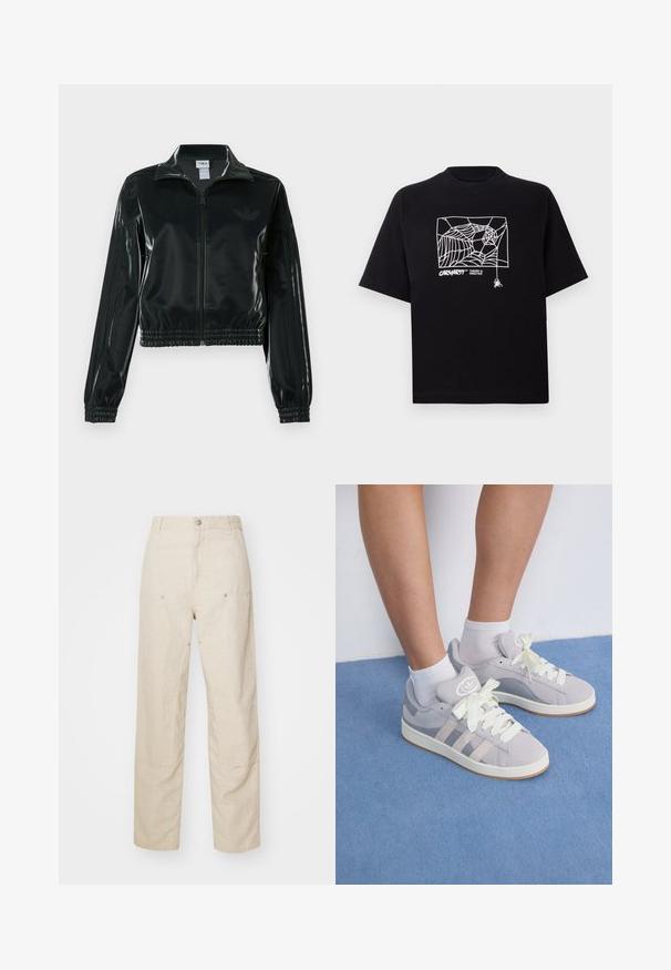 Jachetă neagră lucioasă, scurtă, cu fermoar frontal, guler înalt și tiv elastic. Are trei dungi pe mâneci și un mic logo pe piept.; Tricou negru din bumbac, cu mâneci scurte. Dispune de un grafic alb cu o pânză de păianjen și un logo pe față. Guler simplu, rotund.; Pantaloni din in bej cu o croială relaxată, dotati cu buzunare laterale și detalii decorative de cusătură, talie fără cusături și picioare drepte.; Adidași din suede gri cu șireturi albe și talpă din cauciuc, având trei dungi diagonale pe lateral și un patch cu logo pe limbă.