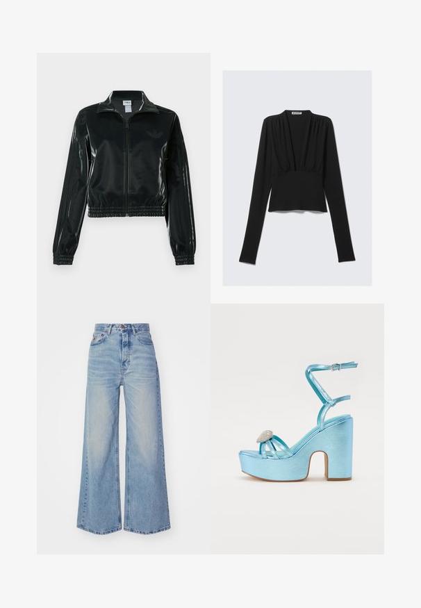 Casaco curto preto brilhante com fecho de correr frontal, gola alta e bainha elástica. Apresenta três riscas nas mangas e um pequeno logotipo no peito.; Top cropped de manga longa preto com decote em V profundo e leves pregas abaixo do decote, disposto em uma superfície clara.; LOIS Jeans SKATER LOOSE - Wide leg - jackson dirty vintage; Sandálias plataforma metálicas azuis com um salto grosso, apresentando tiras cruzadas e um detalhe de joias na área dos dedos.
