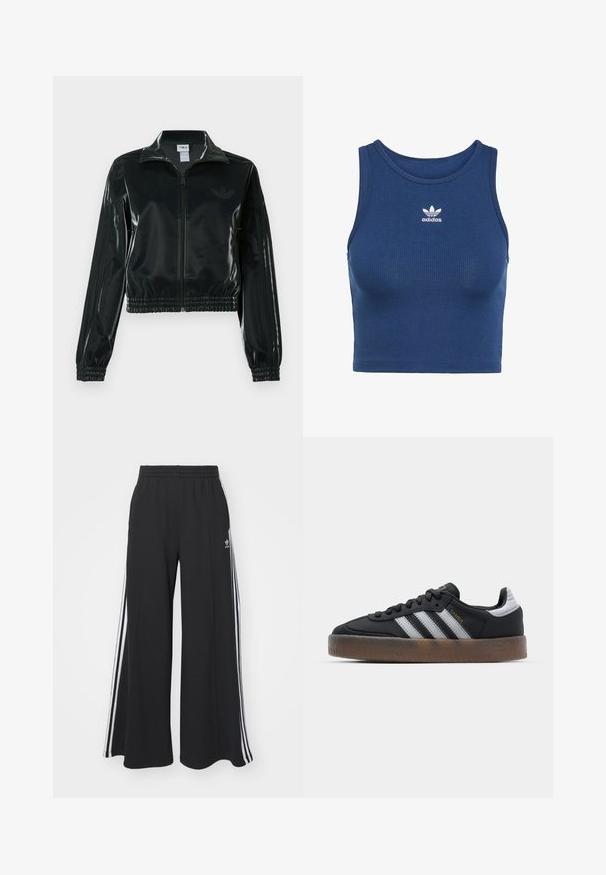 Fekete, fényes rövidített dzseki cipzárral az elején, magas gallérral és elasztikus szegéllyel. Három csík díszíti az ujjakat, és kis logó található a mellrészen.; Kék bordázott crop top, rugalmas anyagból készült, kerek nyakkivágással és egy kis fehér Adidas logóval a mellkason.; Fekete, bő szárú melegítőnadrág, rugalmas derékkal, fehér oldalsávokkal és hímzett logóval a bal combon.; Fekete sportcipő, amelynek letisztult dizájnja van, három fehér csíkkal, fekete nyelvvel és textúrázott barna gumitalppal. Arany betűs díszítések.