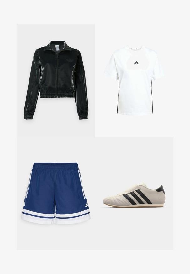 Black glossy cropped jacket with a zip front, high collar, and elasticized hem. Features three stripes on sleeves and a small logo on the chest.; White cotton T-shirt with short sleeves, featuring a black Adidas logo on the chest and black side stripes for contrast.; Navy athletic shorts with elastic waistband, white accents, and three stripes down each side; made from lightweight, breathable material.; Light gray sneaker with black stripes, rounded toe, smooth leather upper, a Velcro strap closure, and a rubber sole.