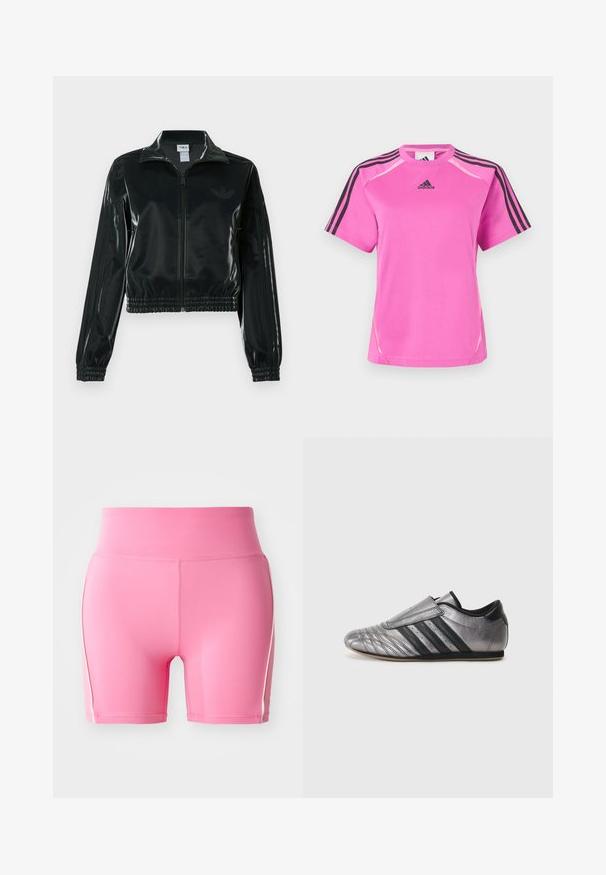 Juoda blizgi trumpa striukė su užtrauktuku priekyje, aukštu apykakliu ir elastine apačia. Rankovėse trys dryžiai ir mažas logotipas ant krūtinės.; Ryškiai rožinė Adidas sportinė marškinė su juodomis trimis juostelėmis ant rankovių ir juodu Adidas logotipu ant krūtinės.; Rožinės sportinės šortai su aukštu juosmeniu, aptempimo dizainu ir kontrastu baltomis šoninėmis juostomis. Lygi, ištempti audiniai su drėgmės valdymo tekstūra.; adidas Originals TAEKWONDO - Įmautiniai batai - grey five/core black