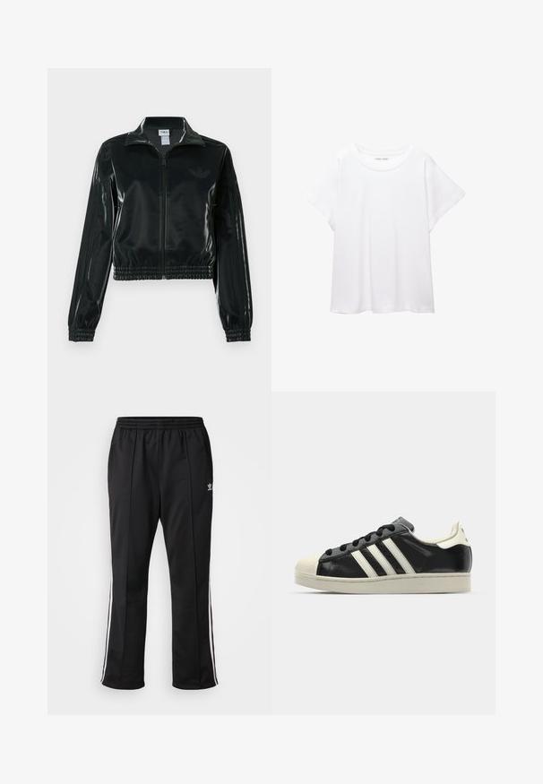 Čierna lesklá skrátená bunda so zipsom vpredu, vysokým golierom a elastickým lemom. Rukávy zdobia tri pruhy a na hrudi je malý logo.; Biele tričko vyrobené z mäkkého, ľahkého materiálu. Má okrúhly výstrih a krátke, široké rukávy s uvoľneným strihom. Bez viditeľných vzorov.; Čierne športové nohavice s elastickým pásom, so bielymi bočnými pruhmi a malým logom na ľavom stehne. Hladká polyesterová tkanina.; Čierne kožené tenisky s bielymi pruhmi, gumenou špičkou, čiernymi šnúrkami a krémovobielou podrážkou. Hladký povrch s lesklým finišom.