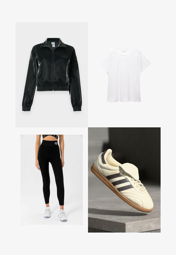 Jachetă neagră lucioasă, scurtă, cu fermoar frontal, guler înalt și tiv elastic. Are trei dungi pe mâneci și un mic logo pe piept.; Tricou alb dintr-un material moale și ușor. Prezintă un decolteu rotund și mâneci scurte, largi, cu un croi lejer. Fără modele vizibile.; Leggings negre cu un design texturat, cu talie înaltă și logo, asortate cu adidași albi, evidențiind o croială ajustată și o textură moale.; Sneakers din piele crem cu trei dungi întunecate, o talpă din cauciuc de culoare maronie și un vârf rotunjit. Dispune de o limbă pliabilă etichetată "SAMBA."