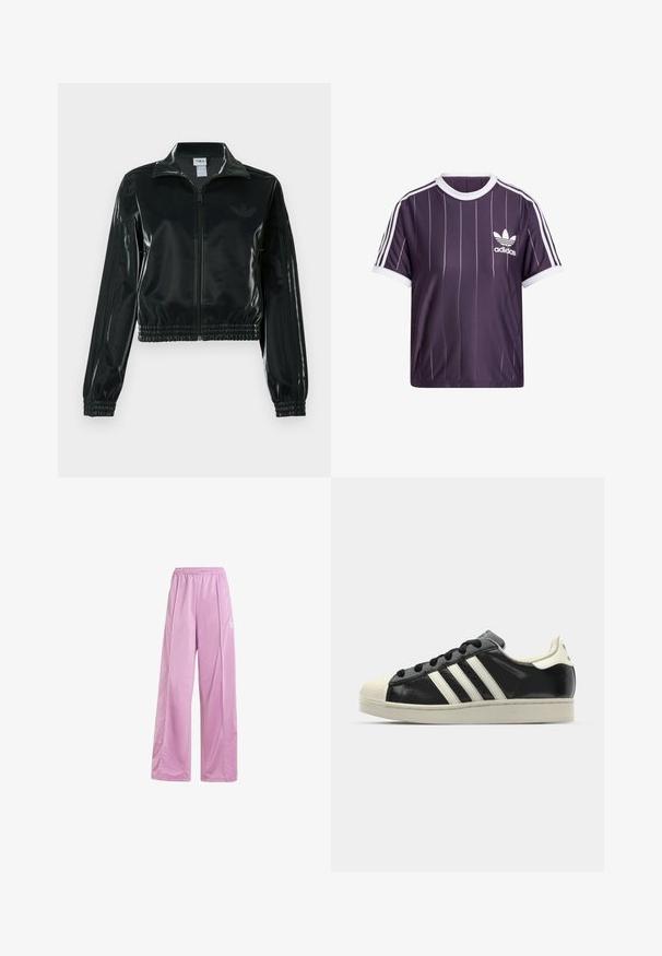 Svart glansig kort jacka med dragkedja framtill, hög krage och elastisk nederkant. Har tre ränder på ärmarna och en liten logga på bröstet.; Lila tränings-t-shirt med vita vertikala ränder, rund vit krage och Adidas-logotyp i vitt på vänster bröst. Korta ärmar.; adidas Originals FIREBIRD LOOSE TRACK - Träningsbyxor - preloved purple; Svart lädersneaker med vita ränder, gummitåhätta, svarta snören och en krämfärgad sula. Slät textur med blank yta.