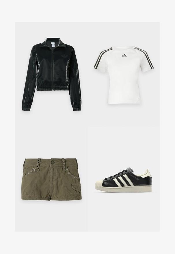 Sort blank cropped jakke med glidelås foran, høy krage og elastisk nederkant. Har tre striper på ermene og en liten logo på brystet.; Hvit kortermet treningstrøye med svart tre-stripes design på skuldrene, glatt tekstur, og en liten svart adidas-logo på brystet.; Olivenfargede shorts laget av et lett stoff, med en livlinje med metallakenter og sidelommer. Tekstuert overflate med sømdetaljer.; Svarte skinnsneakers med hvite striper, gummitopp, svarte lisser og en kremfarget såle. Glatt tekstur med blank finish.