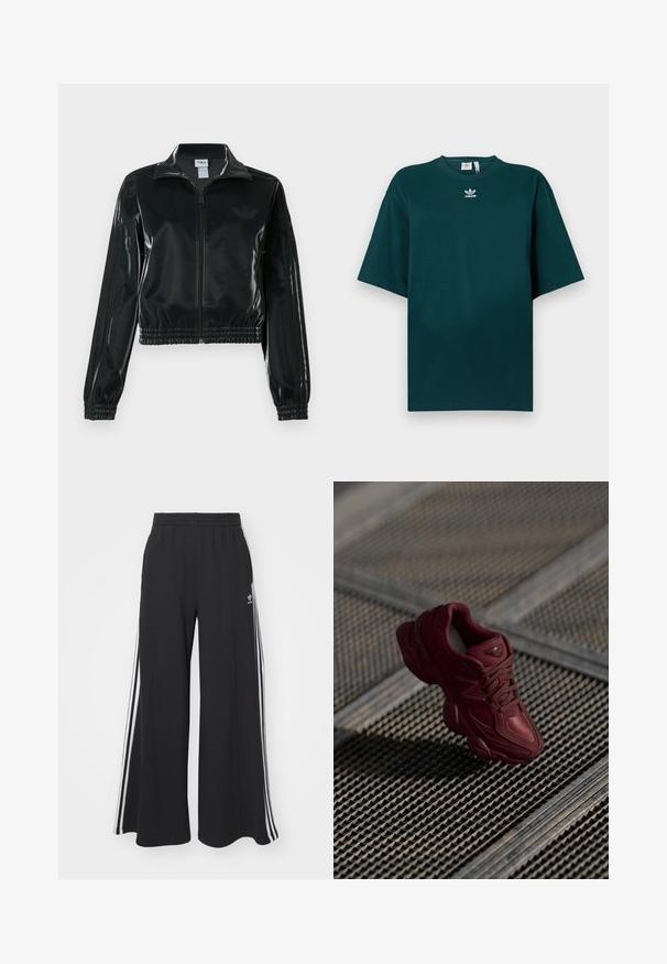 Must läikiv lühike jakk lukuga esiküljel, kõrge krae ja elastse äärega. Varrukatel on kolm triipu ja rinnal väike logo.; Tumeheline, liibuvast vabam puuvillane T-särk lühikeste varrukate ja ümaraga, mille rinnal on valge Adidas logo.; Mustad laiad trenni püksid elastse vöökohtaga, millel on valged küljeribad ja tikitud logo vasakul reiel.; Burgundia värvi tenningud, millel on tekstureeritud pealisosa, paelad ja väljendunud talla kontuurid. Omab logo ja sujuvaid sünteetilise materjali aktsente.