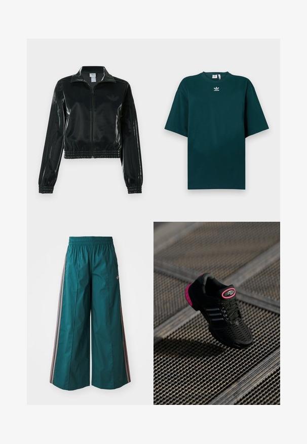 Must läikiv lühike jakk lukuga esiküljel, kõrge krae ja elastse äärega. Varrukatel on kolm triipu ja rinnal väike logo.; Tumeheline, liibuvast vabam puuvillane T-särk lühikeste varrukate ja ümaraga, mille rinnal on valge Adidas logo.; Sinine laiad pükse elastse vöökoha ja roosa-valgete triipudega külgedel, valmistatud kergest kangast.; Must värvi sportlik juhik, millel on võrkkangas ülemine osa, roosa aktsent ja mustad triibud. Omab teksteeritud välistalla ja logo silti kandadel.