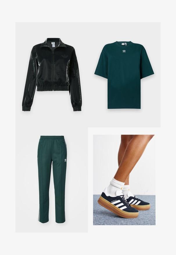 Jachetă neagră lucioasă, scurtă, cu fermoar frontal, guler înalt și tiv elastic. Are trei dungi pe mâneci și un mic logo pe piept.; Tricou supradimensionat verde închis din bumbac, cu mâneci scurte și decolteu rotund, având un logo Adidas alb pe piept.; adidas Originals BECKENBAUER TP - Pantaloni de trening - mineral green; Adidași negri din piele întoarsă cu dungi și accente albe, vârf rotund, talpă de cauciuc gumă, asortați cu șosete albe cu model nervurat.
